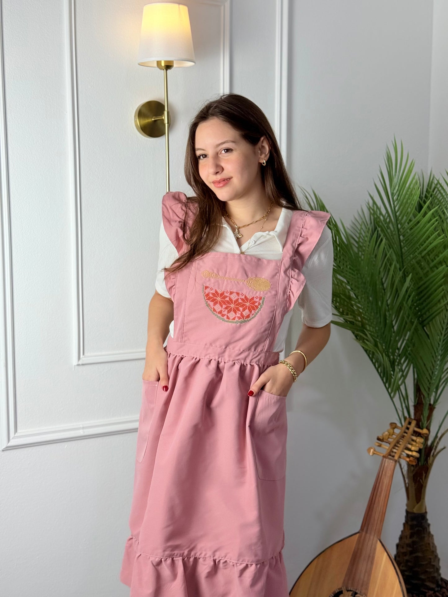 Pink Waterproof Apron with Embroidered Watermelon | Handmade