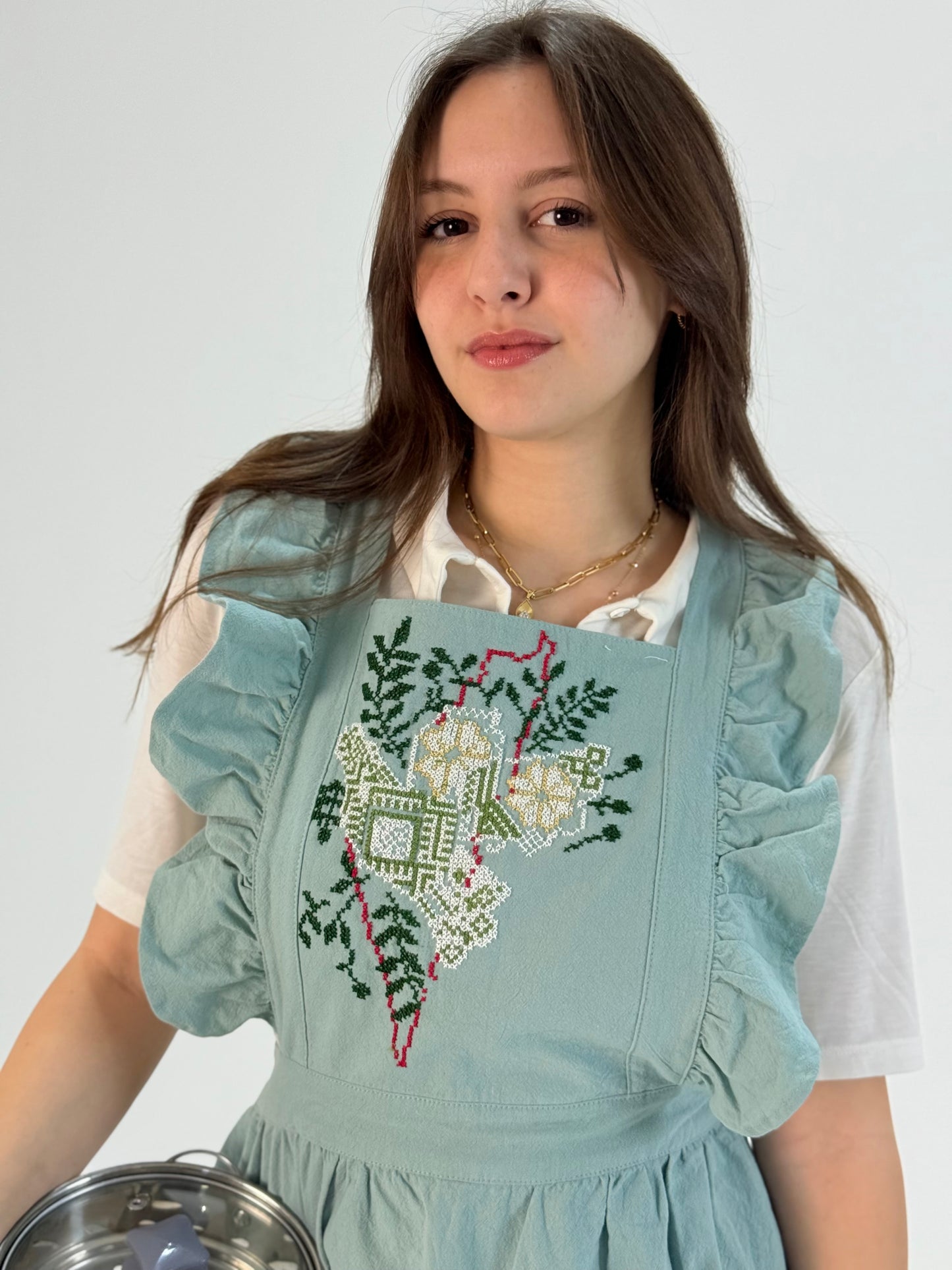 Green Waterproof Apron with Embroidered Palestine Map | Handmade