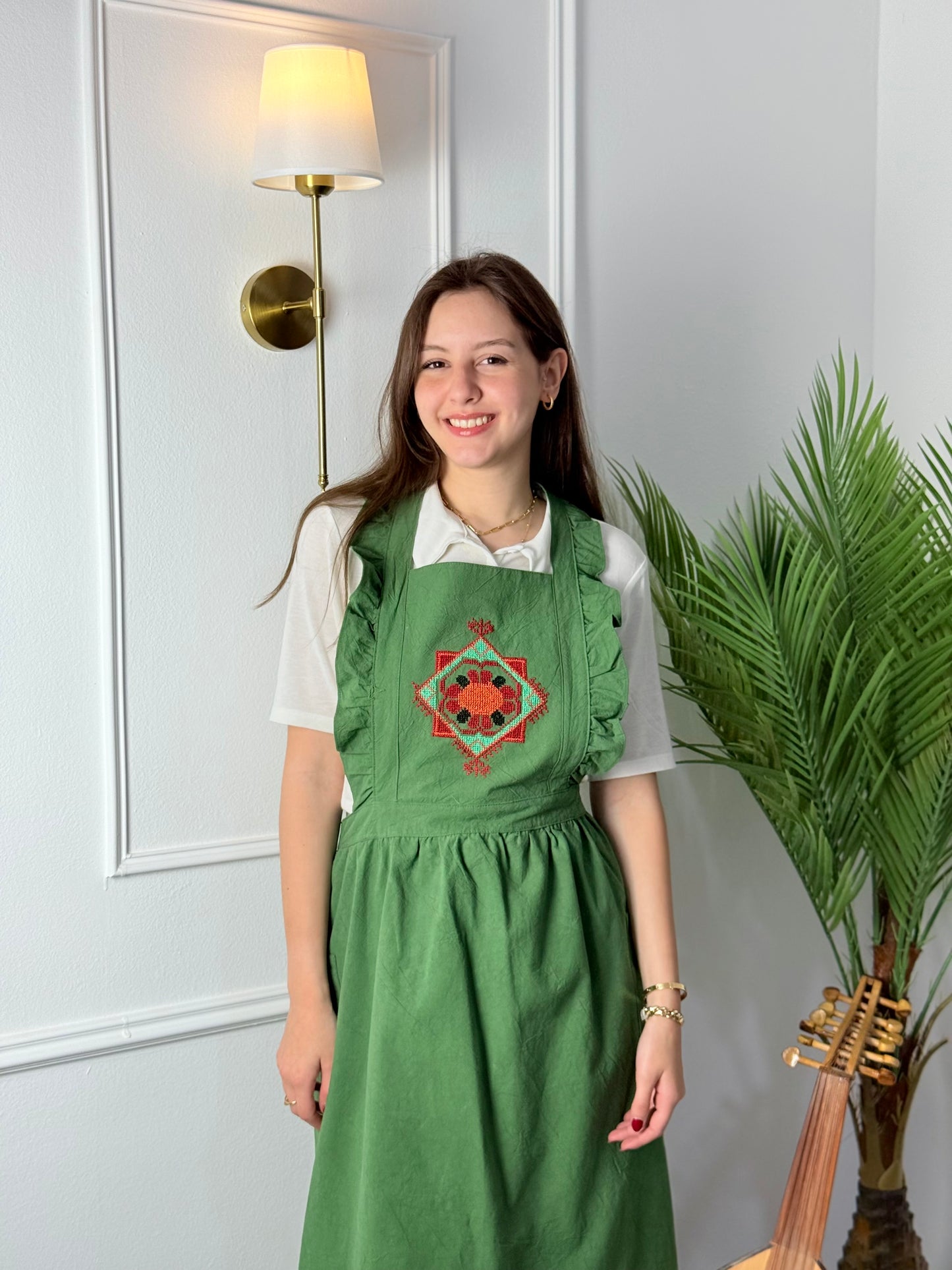 Green Embroidered Apron | Waterproof Floral Handmade Kitchen