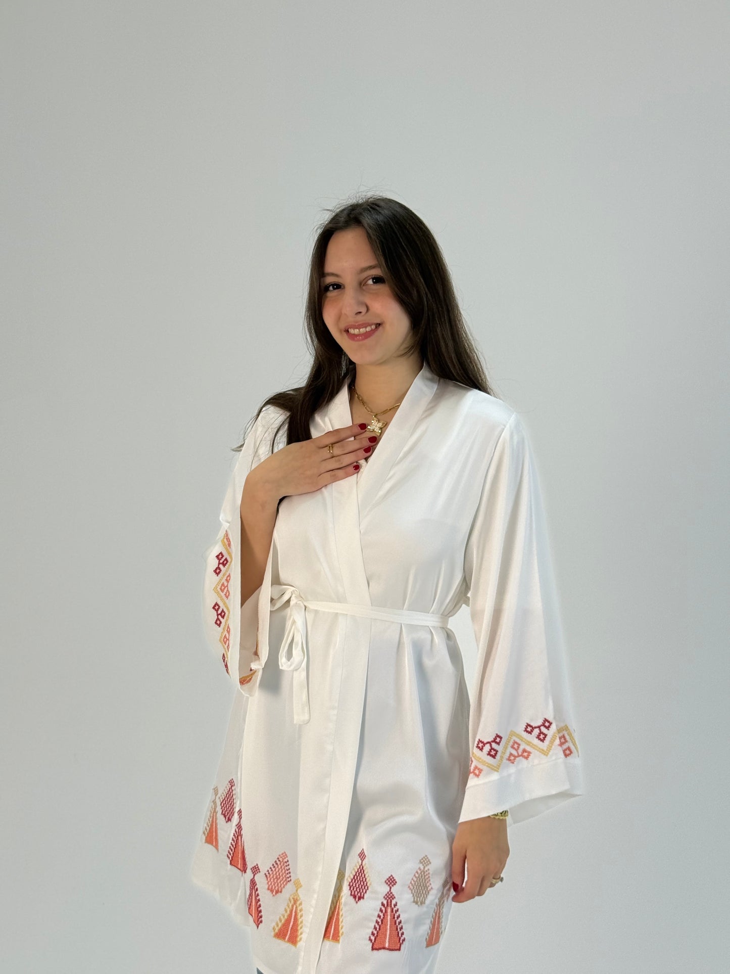 Palestinian Bride Robe with Tatreez Embroidery | Handmade Silk Bridal Thoub