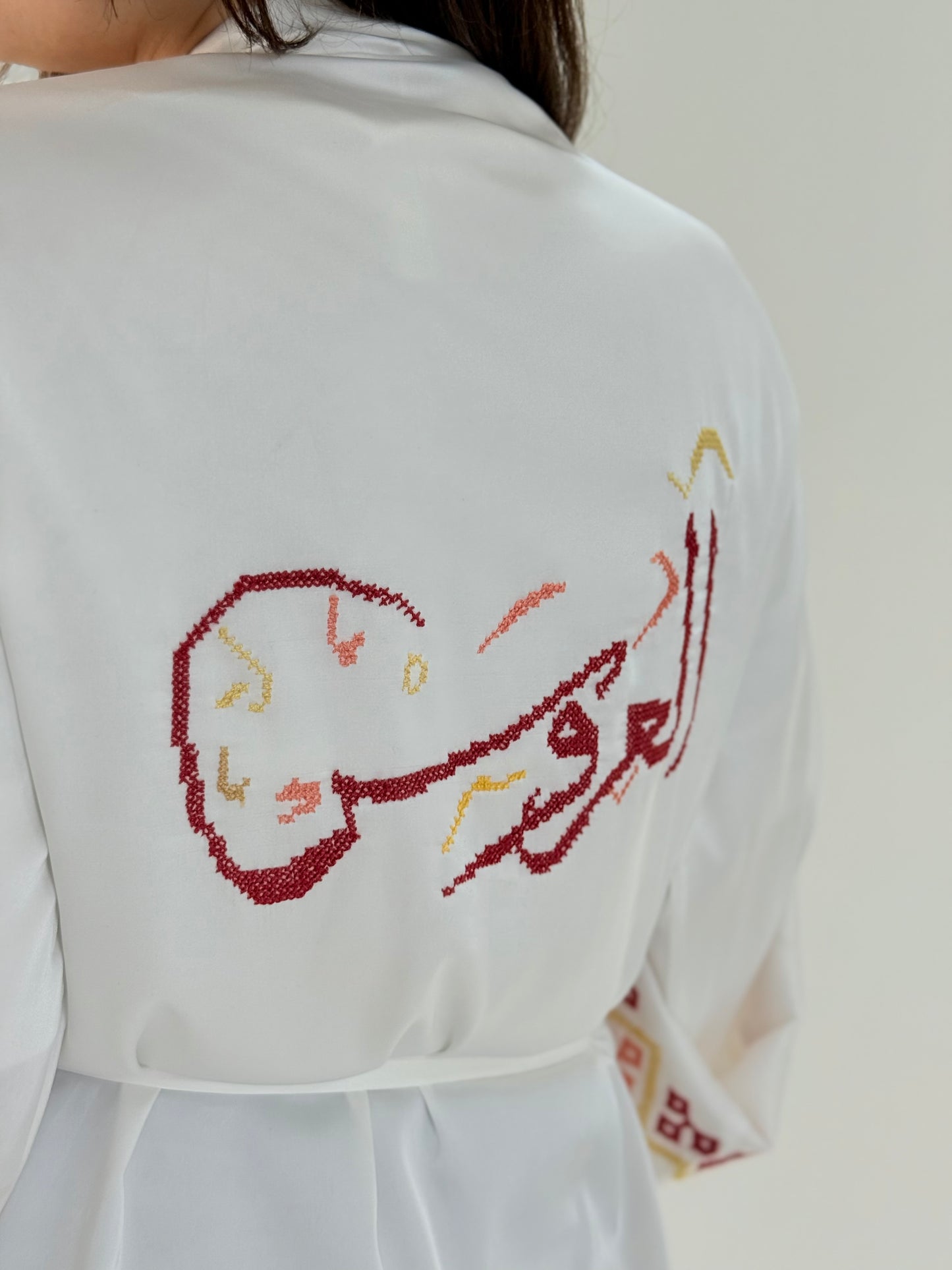 Palestinian Bride Robe with Tatreez Embroidery | Handmade Silk Bridal Thoub