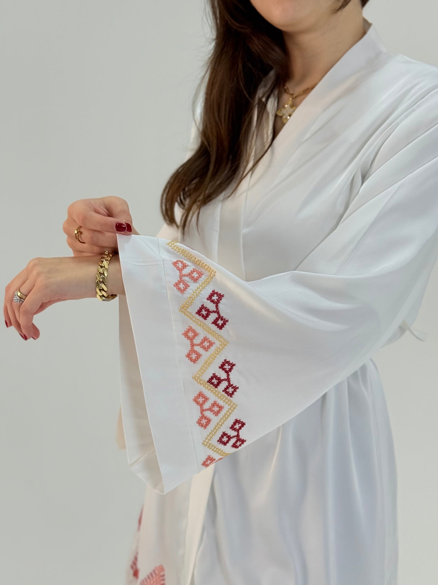 Palestinian Bride Robe with Tatreez Embroidery | Handmade Silk Bridal Thoub