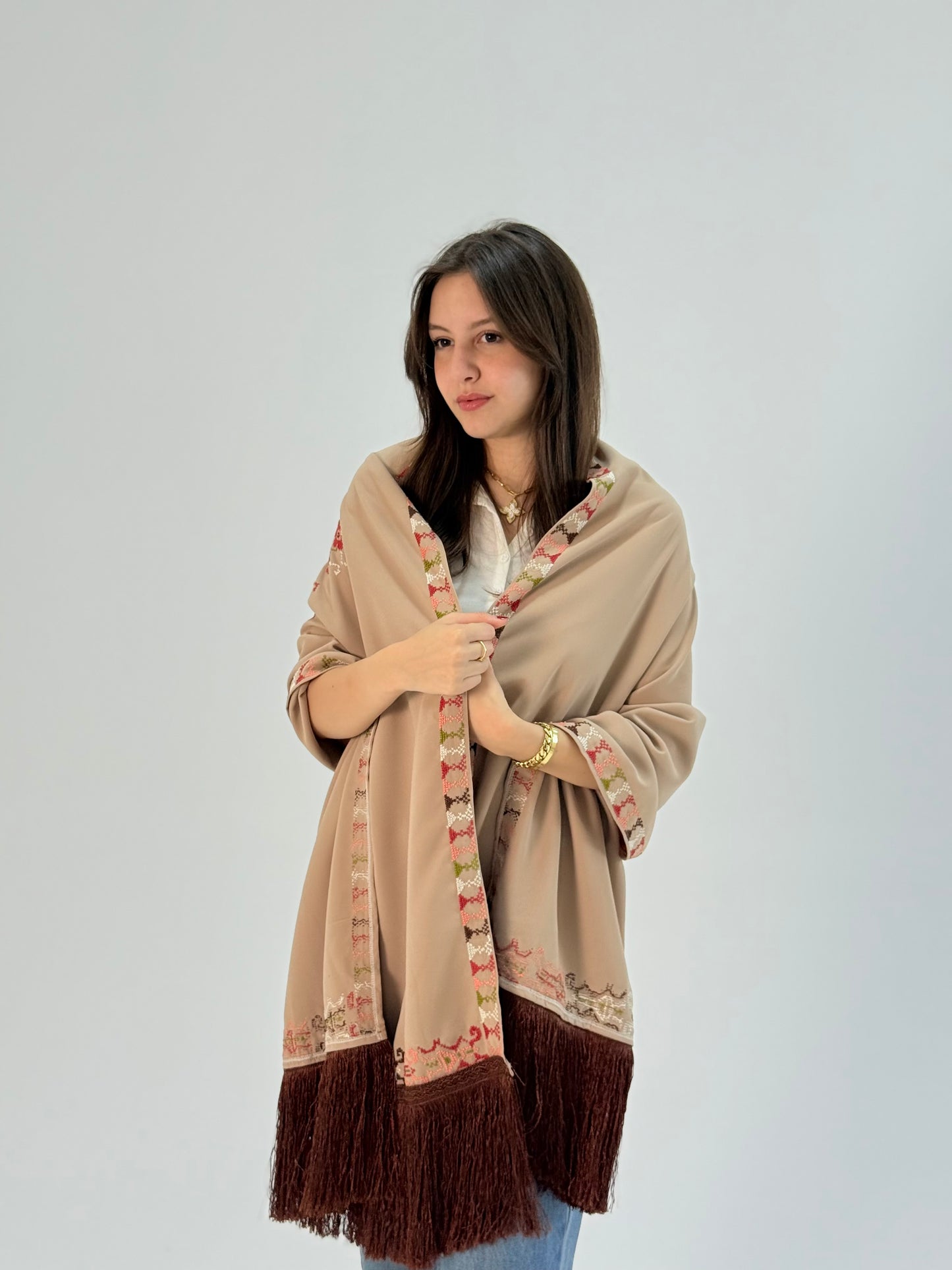 Swan Embroidered Georgette Shawl | Tatreez Banatna