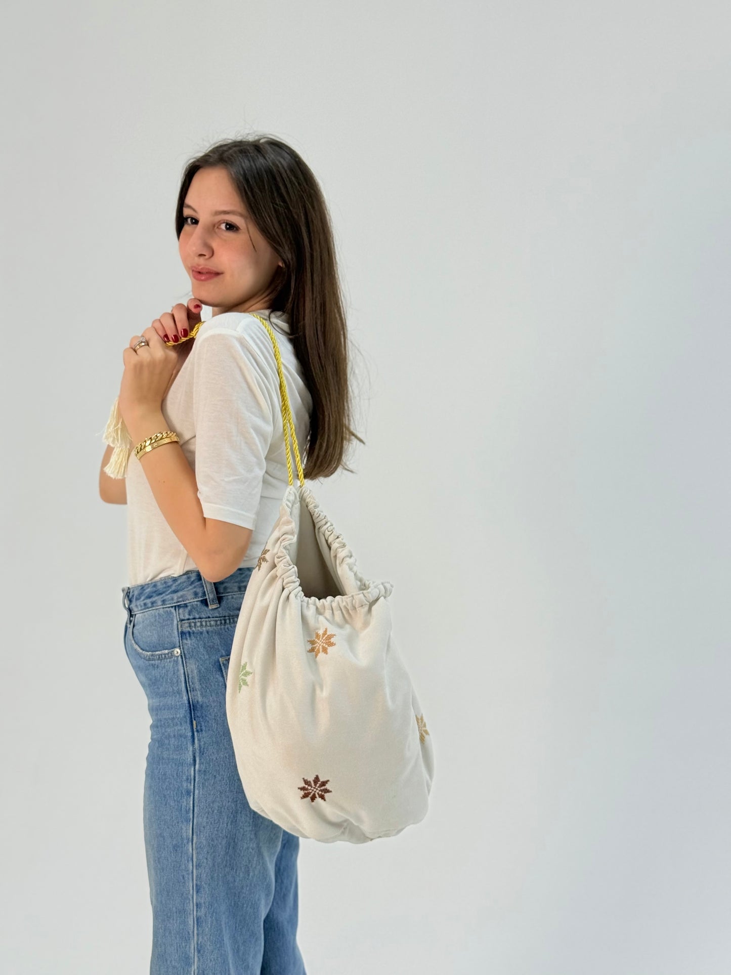 Hand-embroidered Shamwah Bogja drawstring bag with Palestinian tatreez