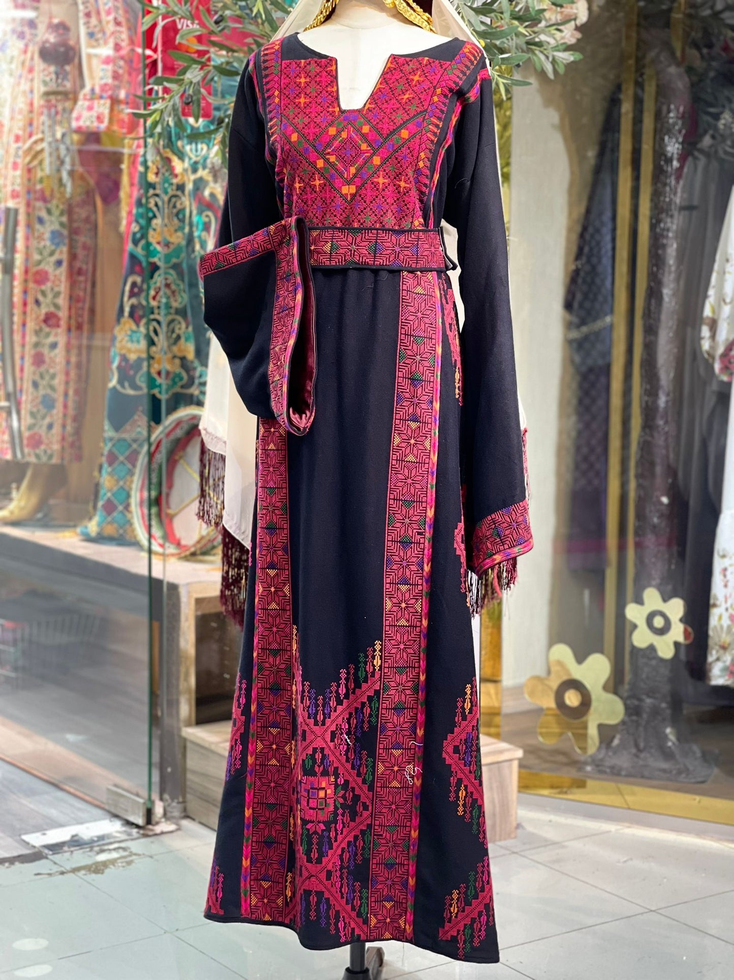 Stunning Handmade Black Thoub with Vibrant Palestinian Embroidery from Yata Al Khalil