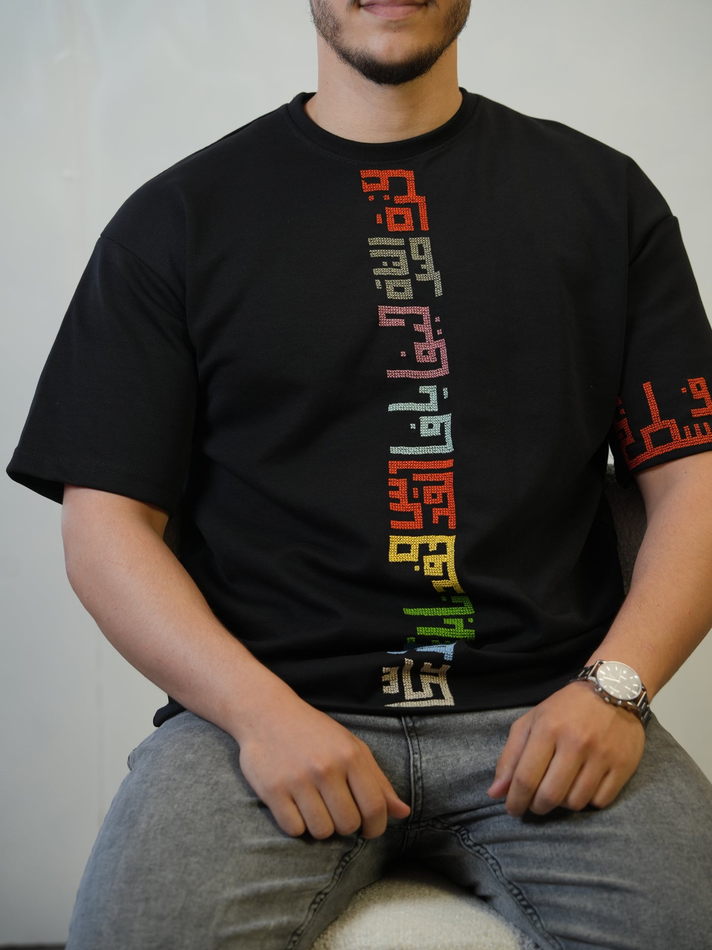 Hand-Embroidered Palestinian Cities T-Shirt – Black Cotton | Tatreez Banatna