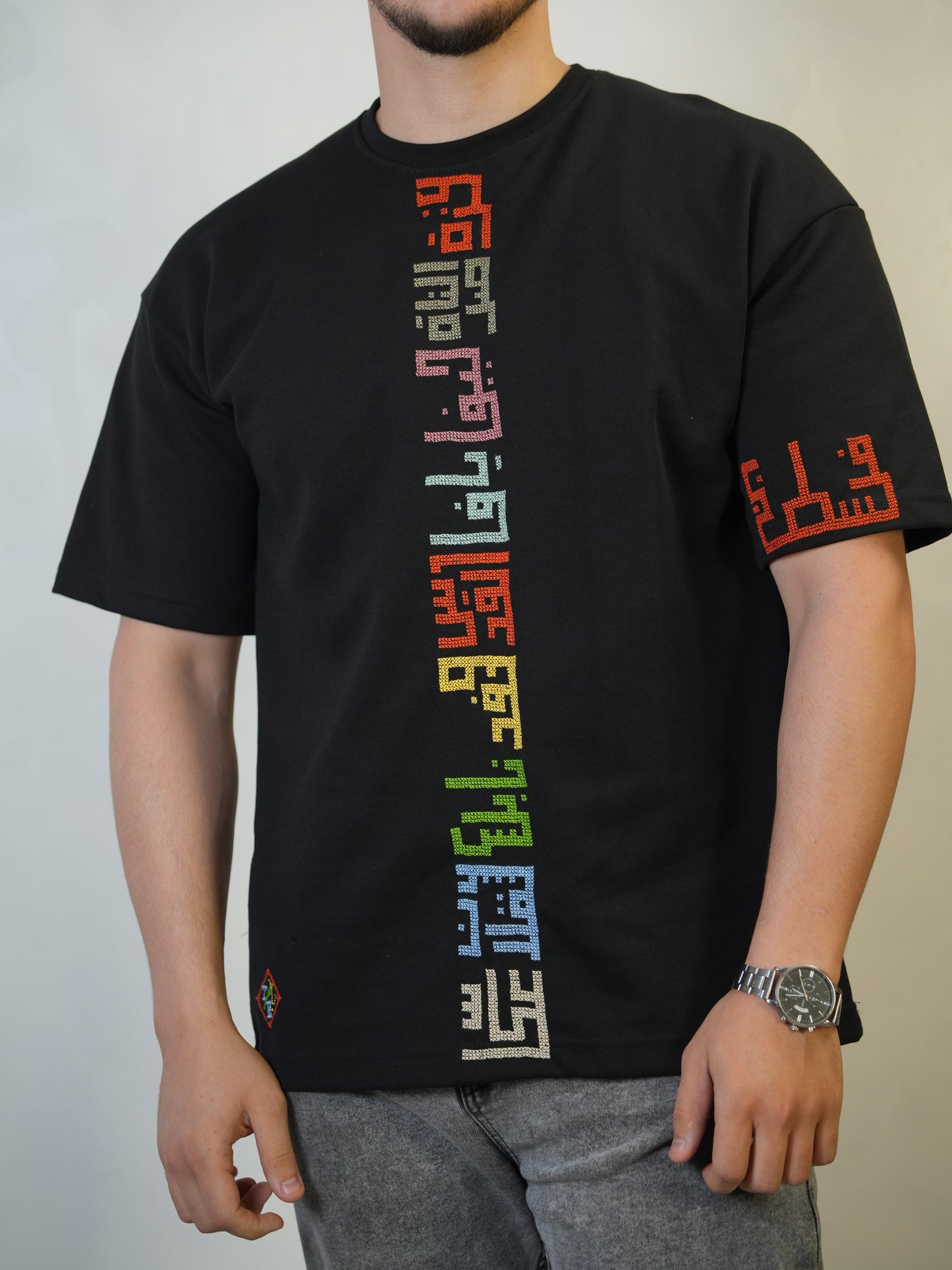 Hand-Embroidered Palestinian Cities T-Shirt – Black Cotton | Tatreez Banatna