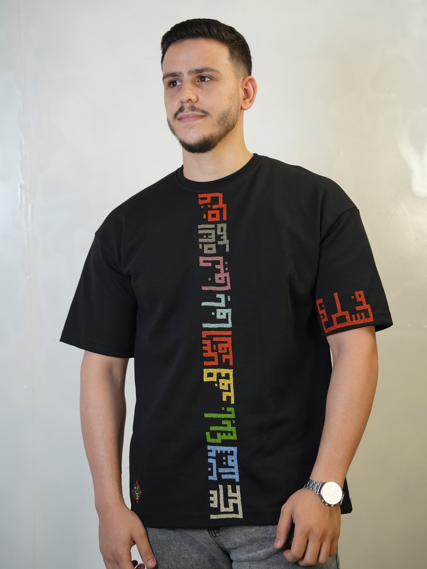 Hand-Embroidered Palestinian Cities T-Shirt – Black Cotton | Tatreez Banatna