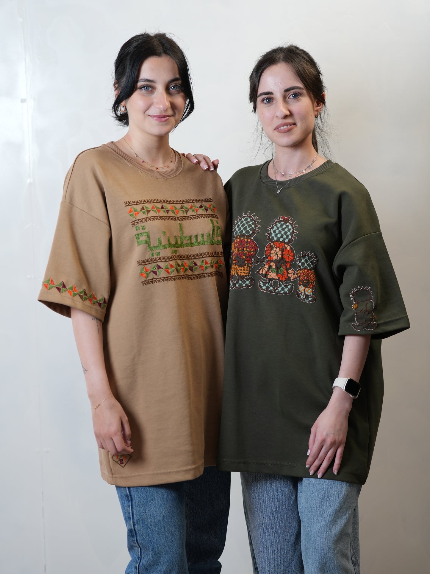 Hand-Embroidered Handhala Over Size T-Shirt –Olive- Cultural Heritage Wear | Tatreez Banatna