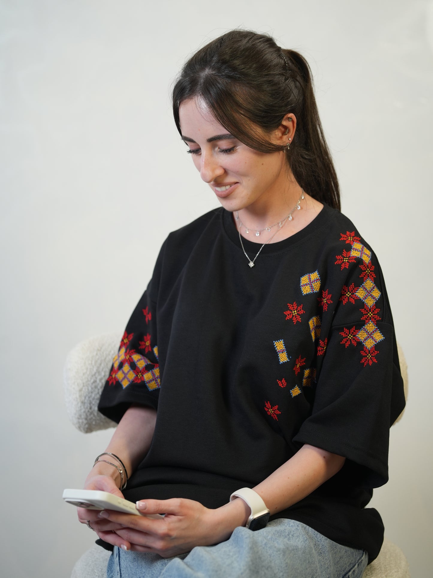Hand-Embroidered Floral T-Shirt | Palestinian Tatreez Design | تطريز يدوي