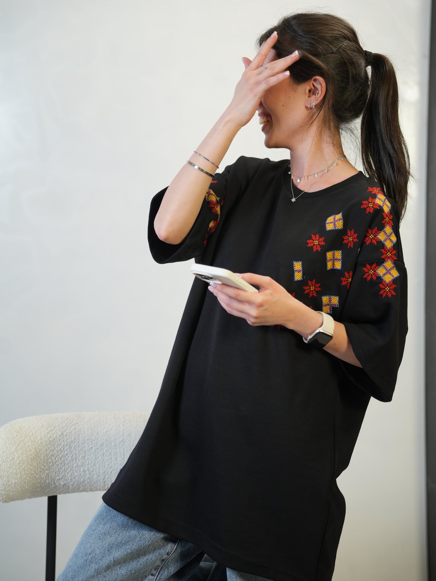 Hand-Embroidered Floral T-Shirt | Palestinian Tatreez Design | تطريز يدوي