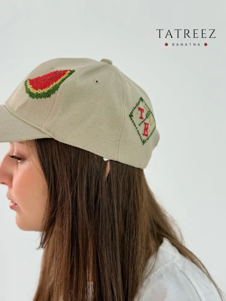 Beige Cap Hat with Embroidered Watermelon Design Clothing & Wearables