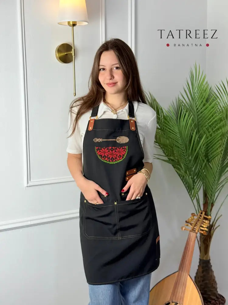 Black Waterproof Apron with Watermelon Embroidery | Handmade Clothing & Wearables