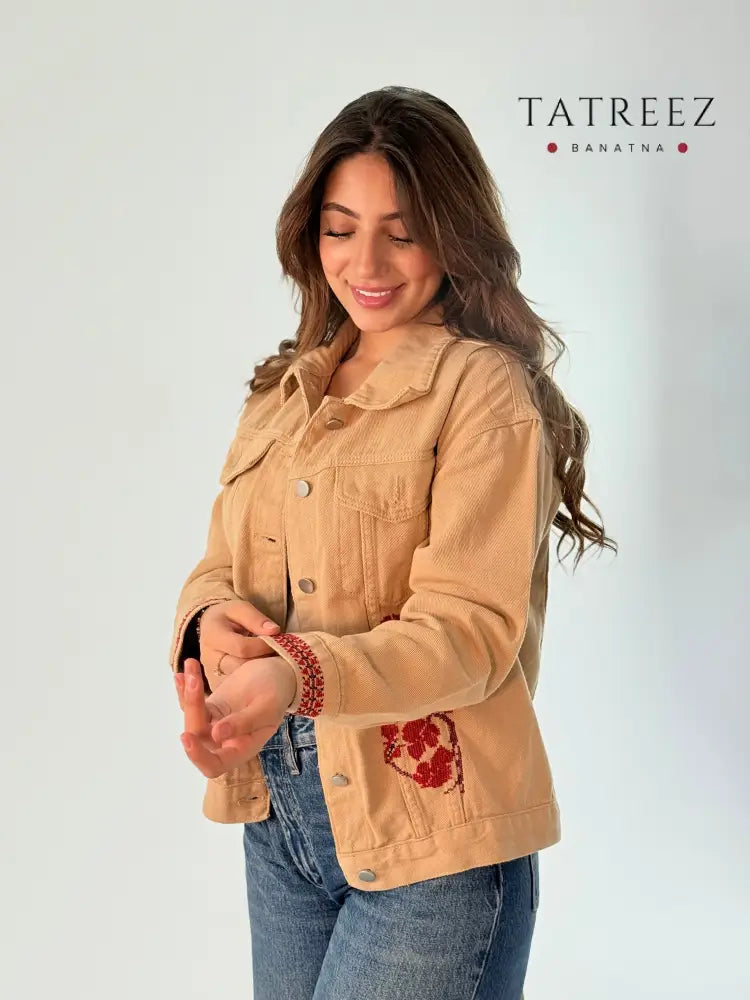 Chic Beige Jeans Jacket with Beautiful Handmade Floral Embroidery | Unique Artisan Fashion Clothing & Wearables