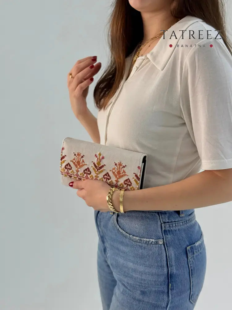 Hand-Embroidered Suede Wallet/Clutch with Palestinian Tatreez | Tatreez Banatna Accessories