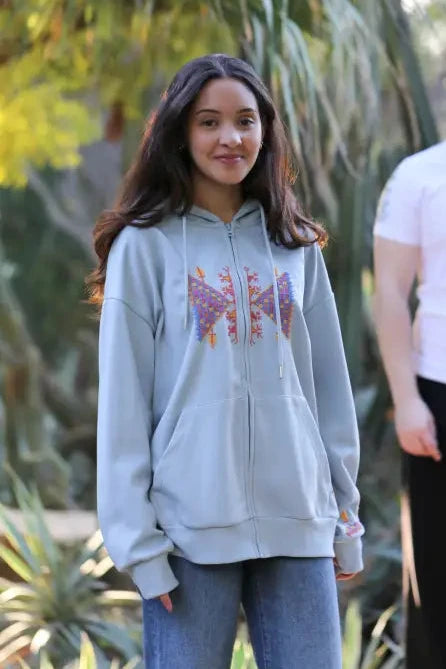 Heritage Light Blue Zipper Hoodie – Handmade Palestinian Tatreez