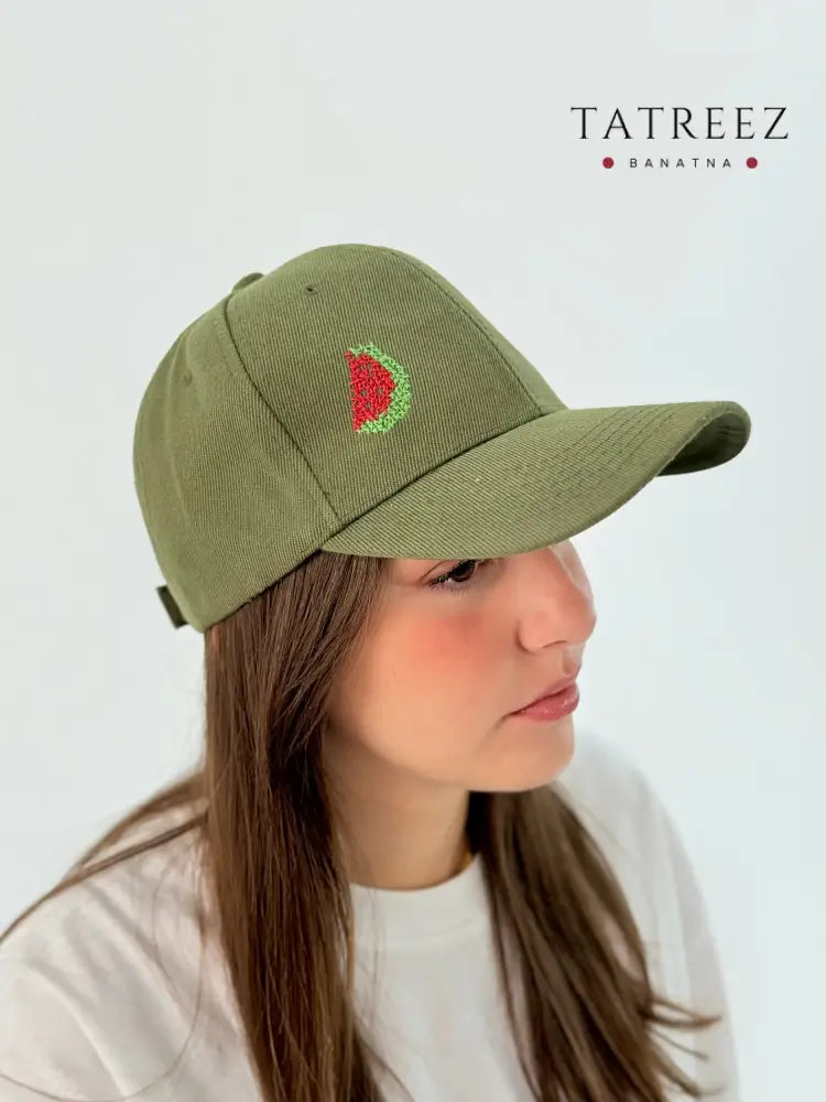 Olive Cap Hat with Embroidered Watermelon Clothing & Wearables
