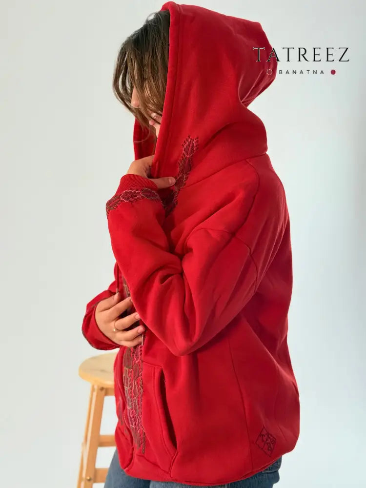 Stylish Red Zipper Hoodie with Handmade Tatreez Embroidery | Unique Artisan Fashion Clothing & Wearables