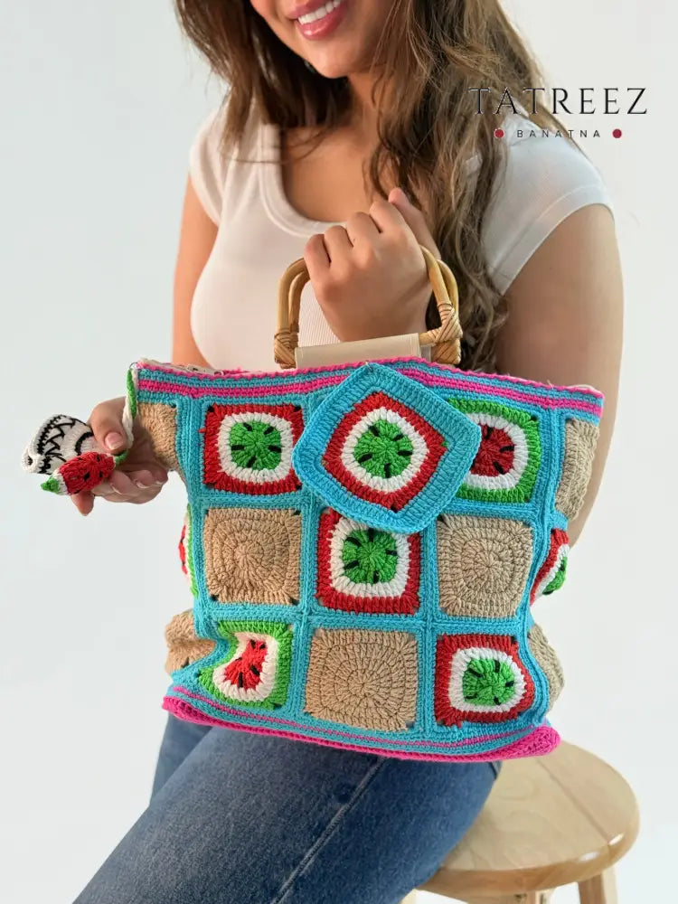 Vibrant Watermelon Crochet Bag - Medium Size with Wooden Handle and Cute Kofea Dress Accessories