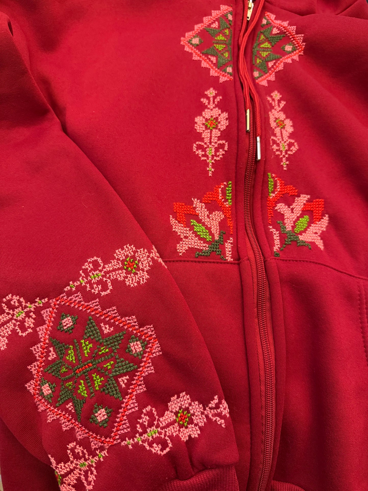 Passion Red Zipper Hoodie – Handmade Palestinian Tatreez
