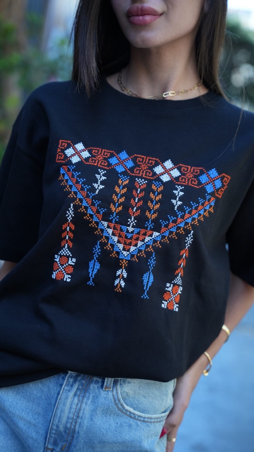 Honor: Handmade Oversized Black T-Shirt with Vibrant Palestinian Embroidery