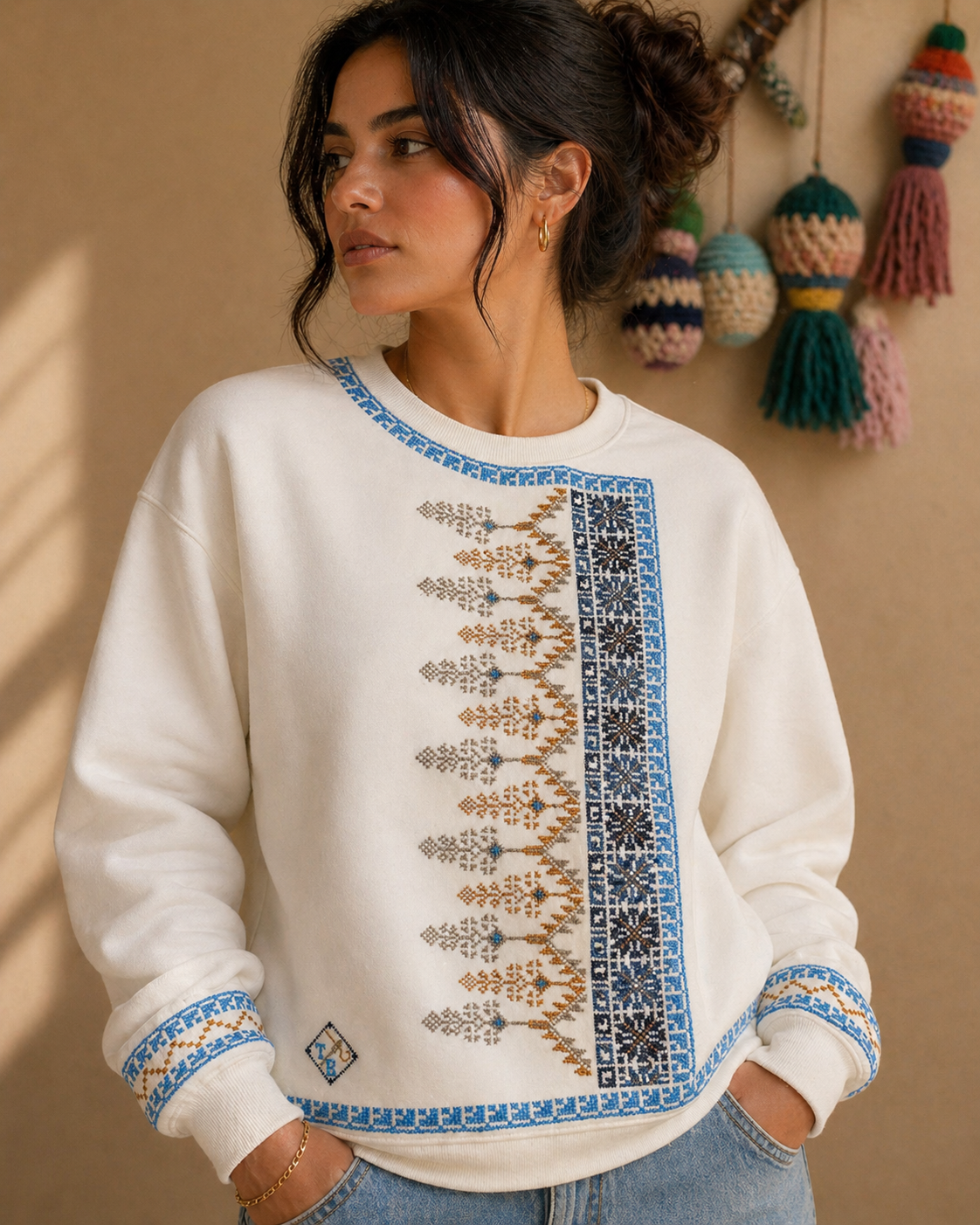 Seher Handmade White Sweater | Magical Palestinian Embroidery in Ocean & Sand Colors
