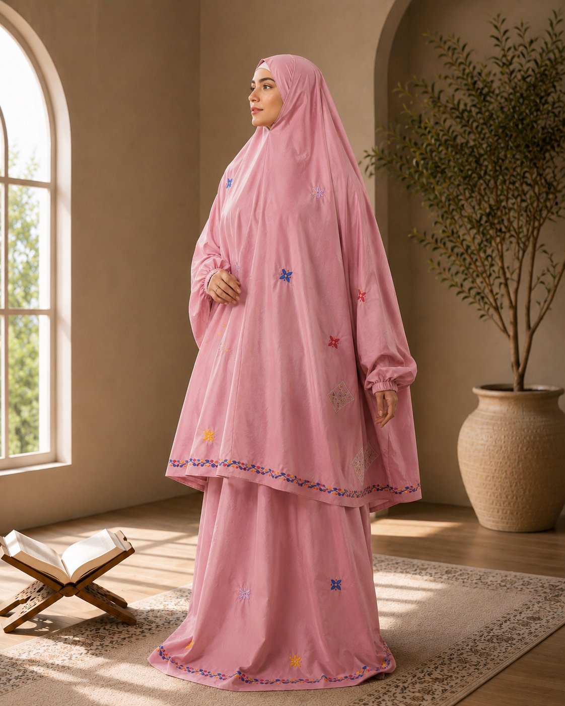 Handmade Light Purple Prayer Set with Embroidery and Sleeves | Two-Piece Khimar & Skirt