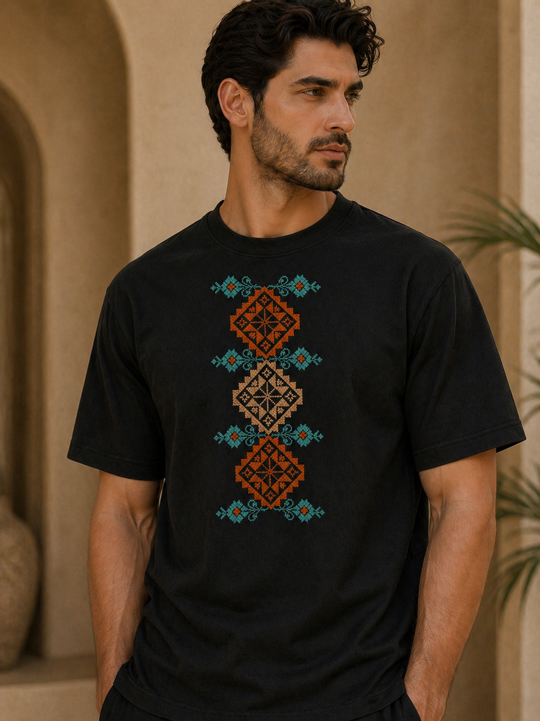 Moon T-Shirt: Handmade Oversized Tee with Palestinian Moon & Flower Embroidery