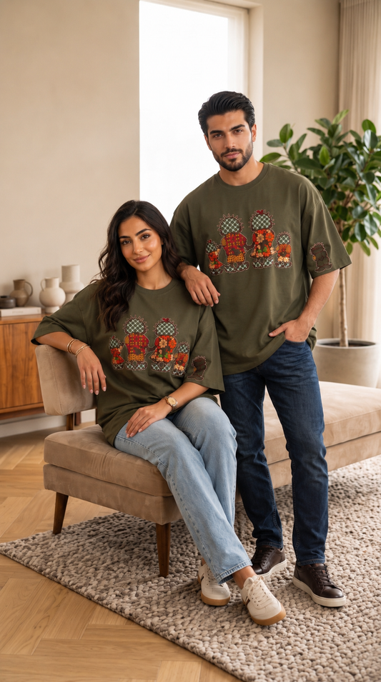 Olive Oversize T-Shirt – Hand-Embroidered Handhala Palestinian Tatreez