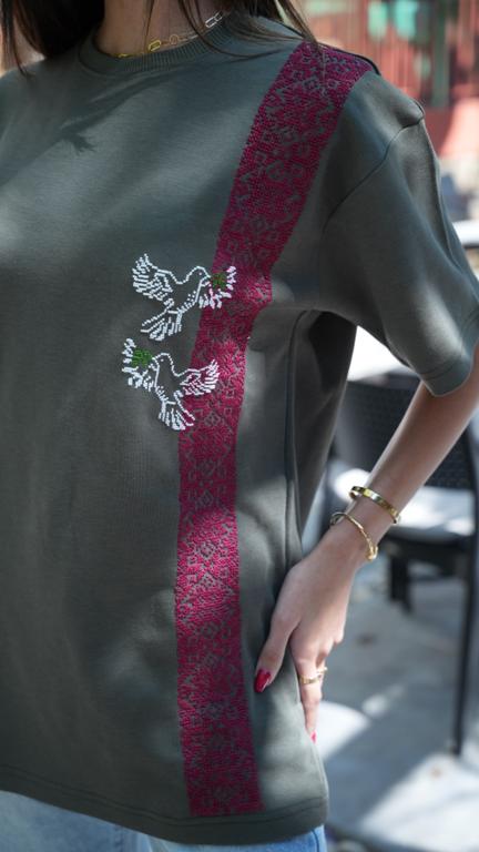 Salam: Handmade T-Shirt with Dove of Peace & Zeitoun Leaf Design