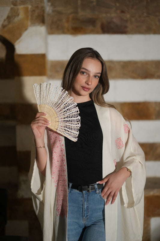 Hand-crocheted white fan with wooden ribs, elegant handmade bridal and summer accessory, perfect for weddings and special occasions