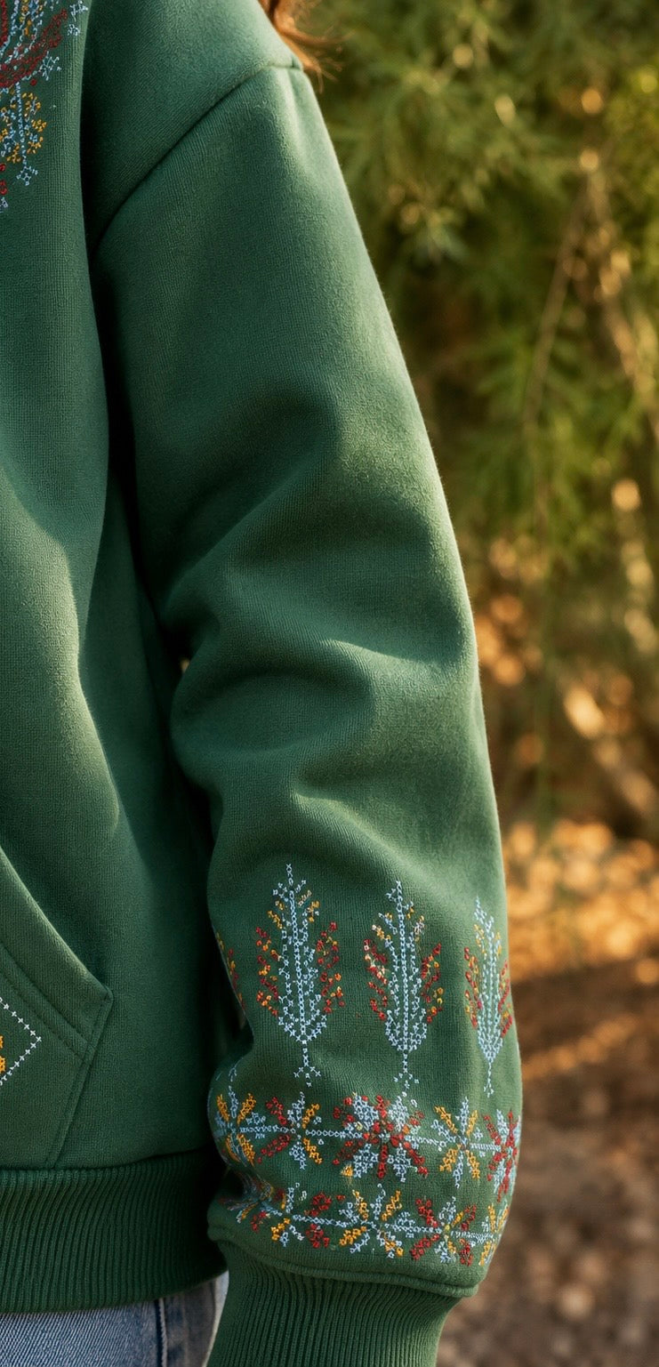 Sahar Green Zipper Hoodie – Handmade Palestinian Floral Tatreez