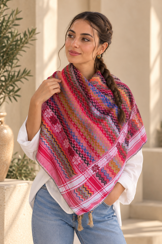 Rosy Pink Keffiyeh – Handcrafted Palestinian Tatreez Embroidery