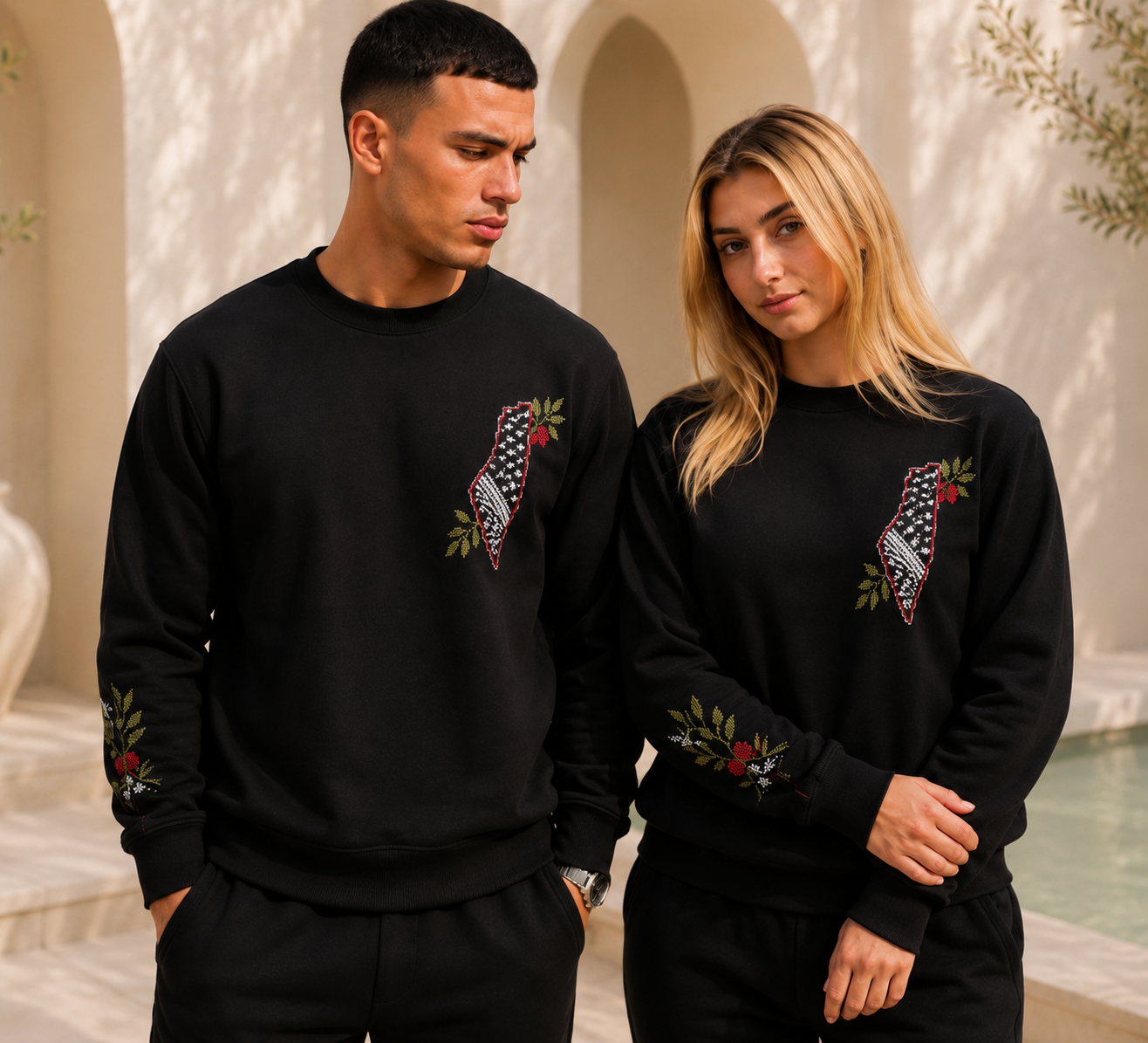 Sweatshirt – Handmade Palestinian Map & Olive Branch Tatreez