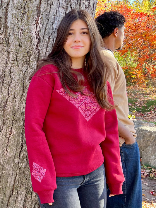Handmade Burgundy Sweatshirt with Turquoise and Pink Embroidery | Unique Cozy Fashion