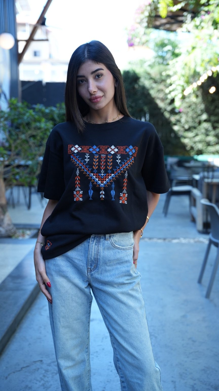 Honor: Handmade Oversized Black T-Shirt with Vibrant Palestinian Embroidery
