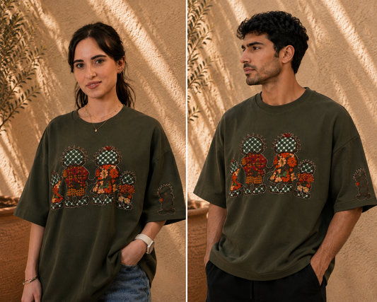 Olive Oversize T-Shirt – Hand-Embroidered Handhala Palestinian Tatreez