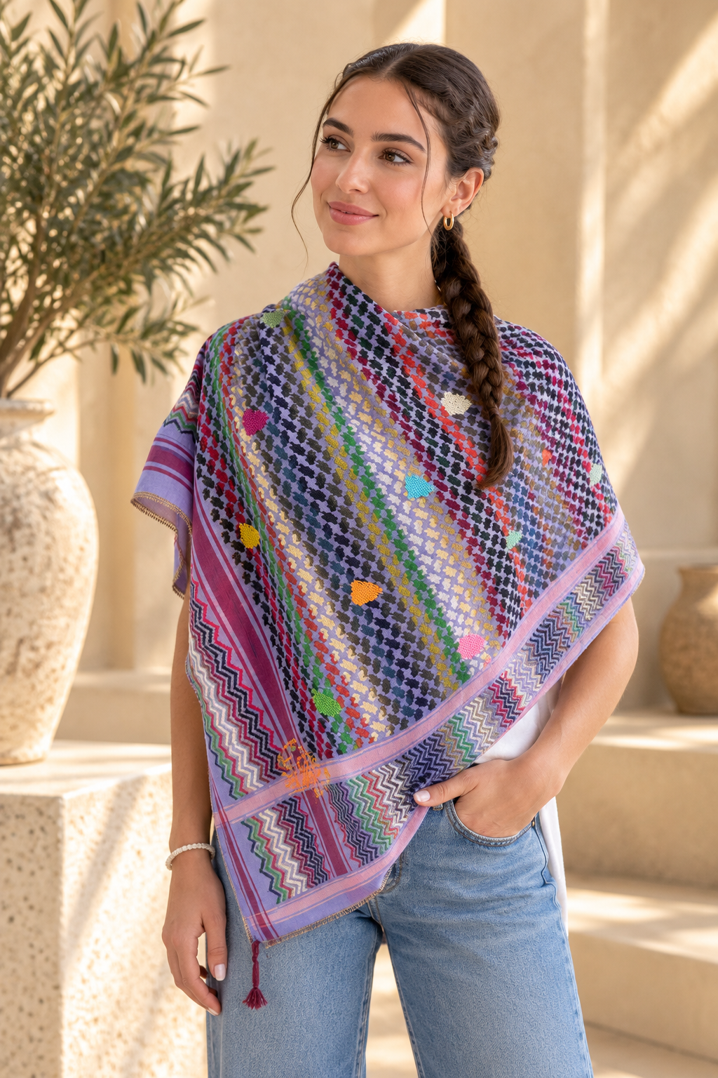 Purple Keffiyeh – Handmade Bright Palestinian Tatreez Embroidery