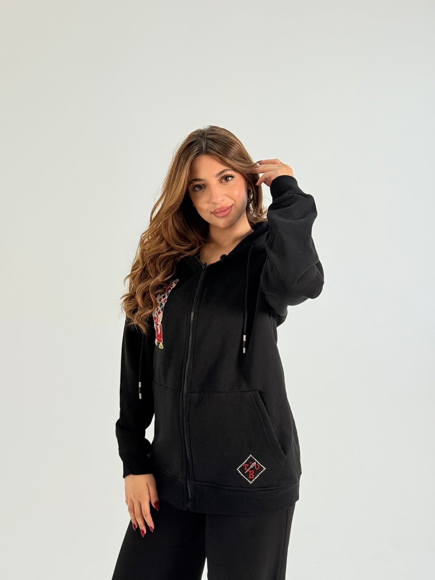 Mama Handhala Black Handmade Embroidered Hoodie