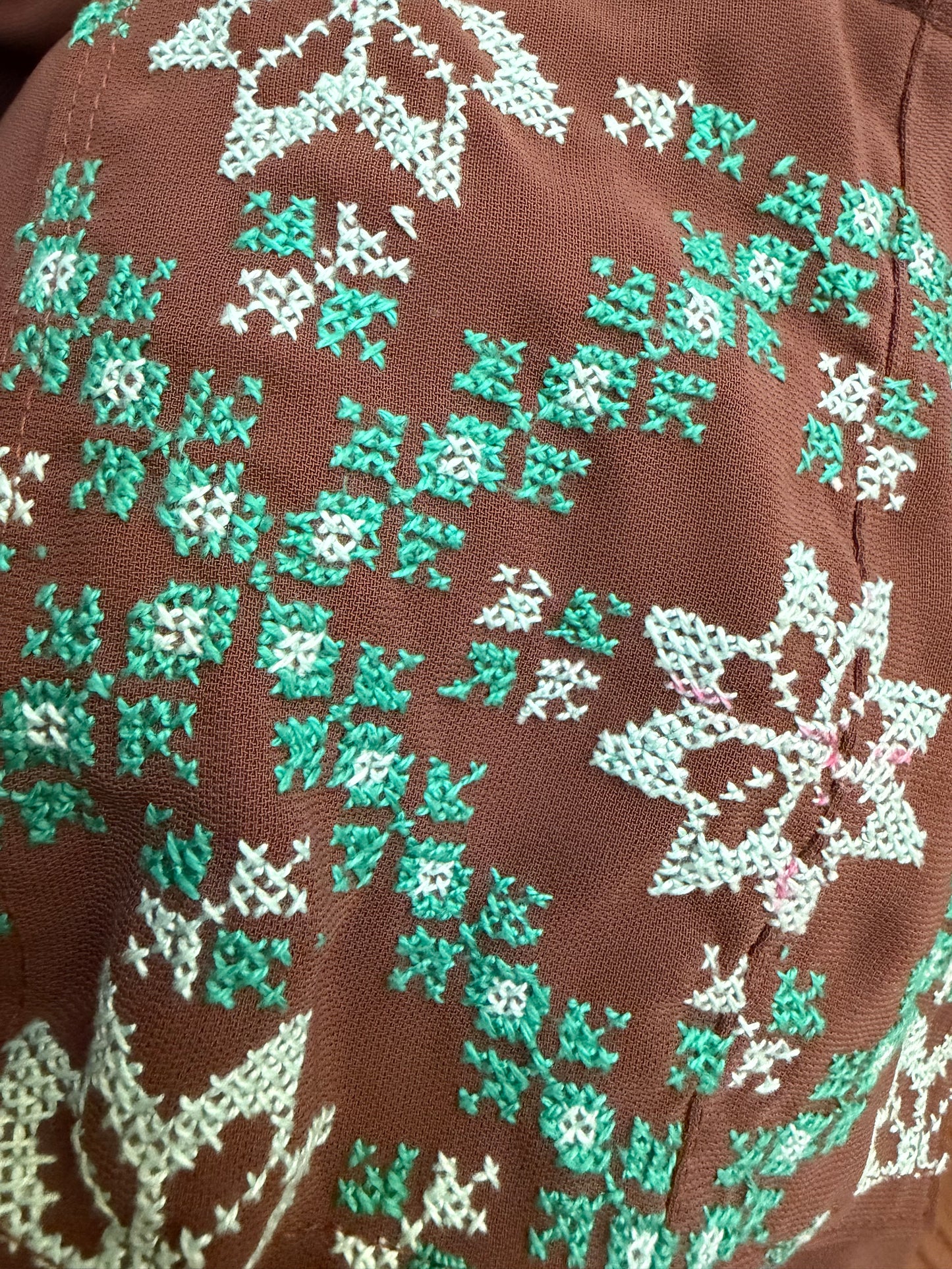 Nora Brown Abaya – Handmade Turquoise Palestinian Tatreez