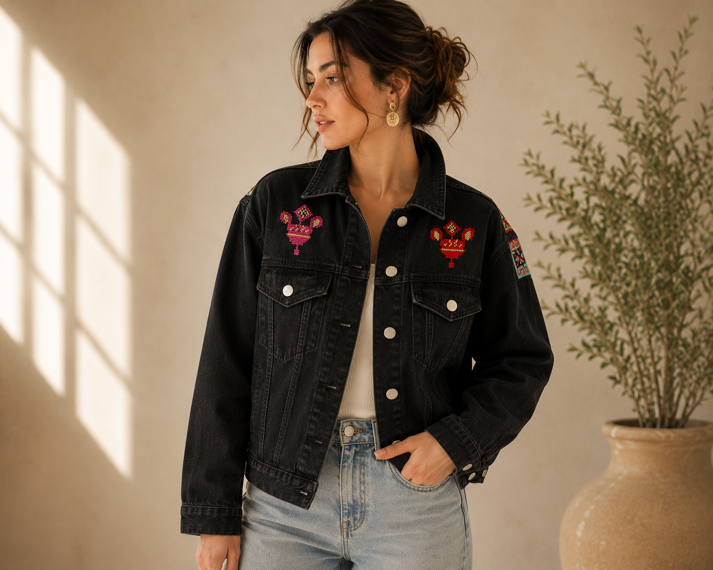 Dalla Jacket: Black with Handcrafted Palestinian Embroidery in Vibrant Colors