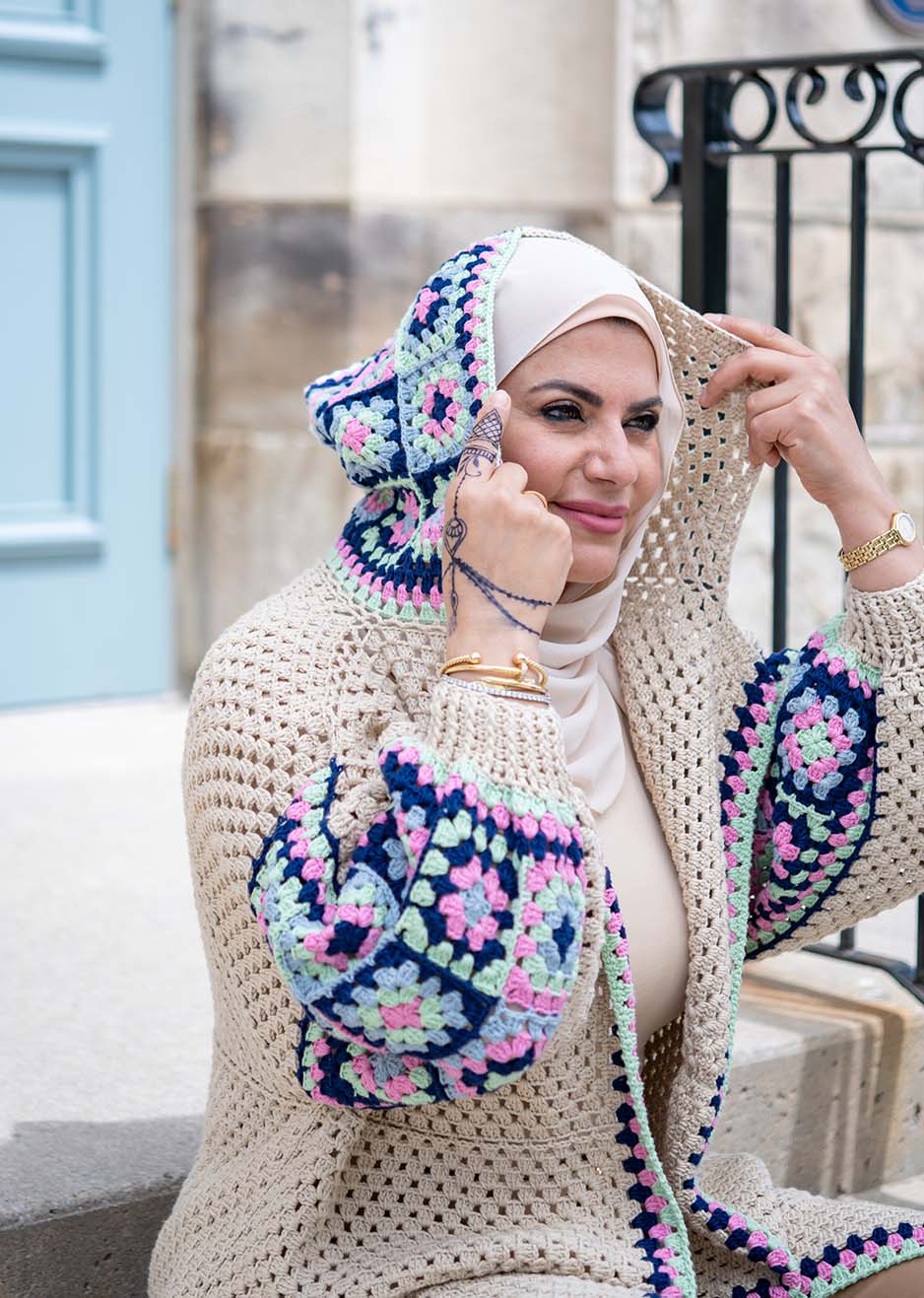 Handmade Crochet Beige Cardigan with Bright Colors | Tatreez Banatna