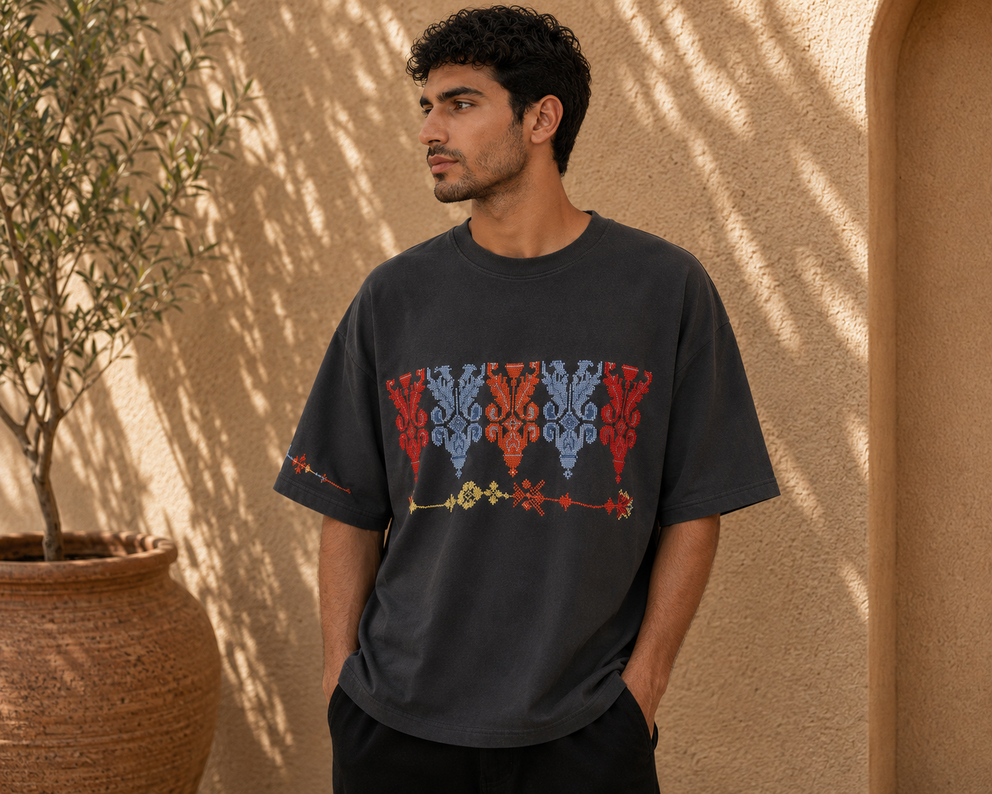 Oversized T-Shirt – Handmade Kasat & Floral Palestinian Tatreez