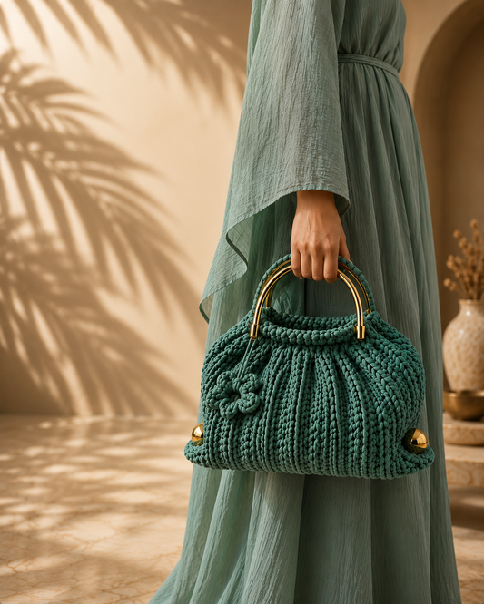 Mystical Green Crochet Bag – Handmade Gold Handle | Rand Sac