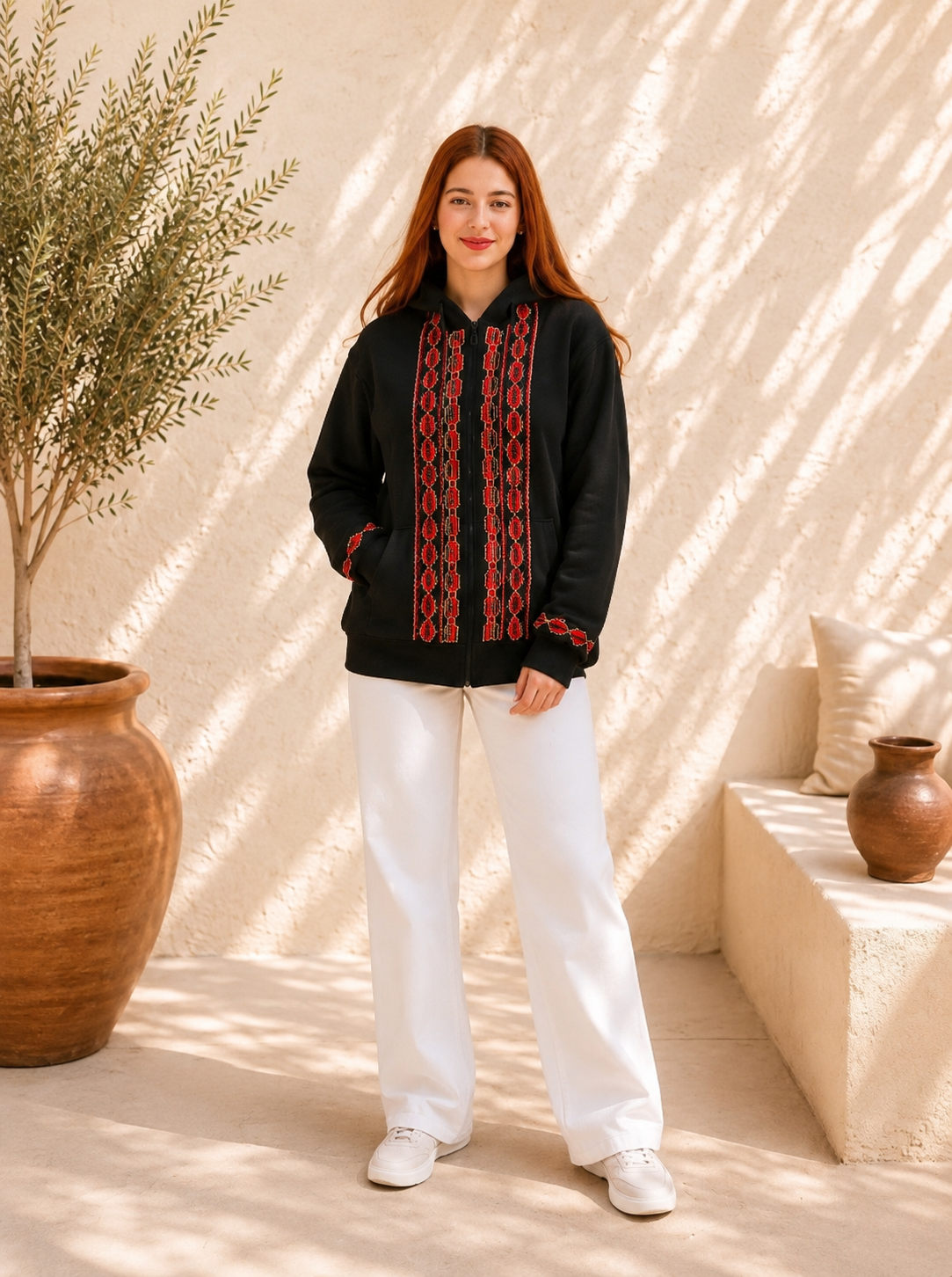 Palestinian Embroidered Zipper Hoodie – Handmade Tatreez