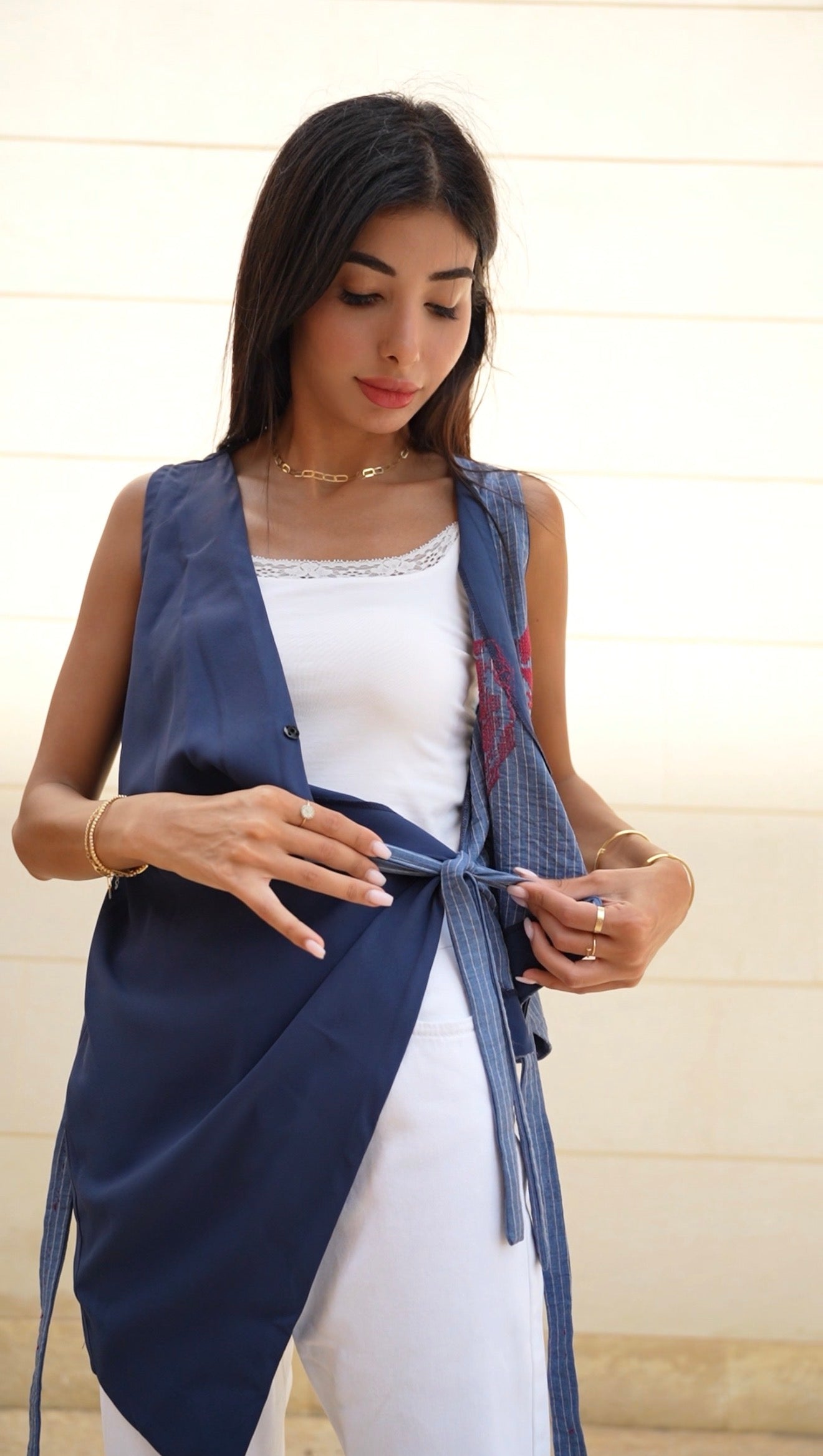Talia Elegant Linen Vest with Handmade Embroidery