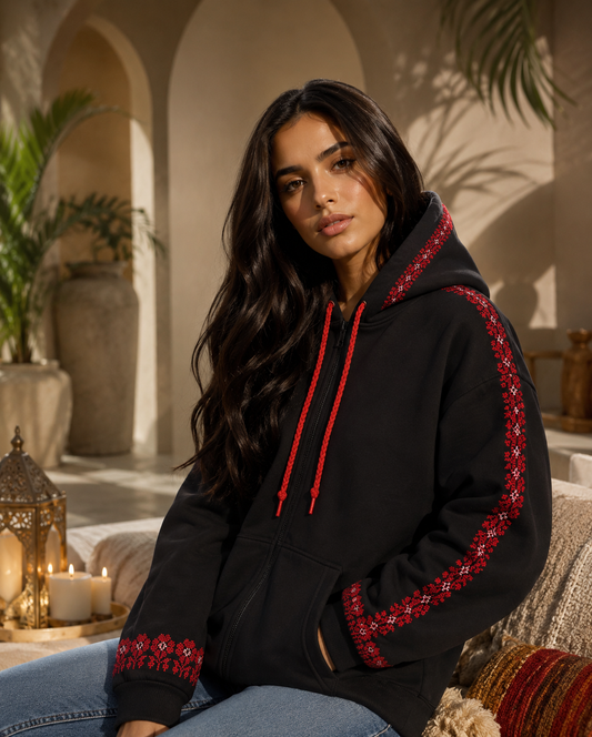 Oasis Zipper Hoodie – Handmade Palestinian Tatreez Embroidery