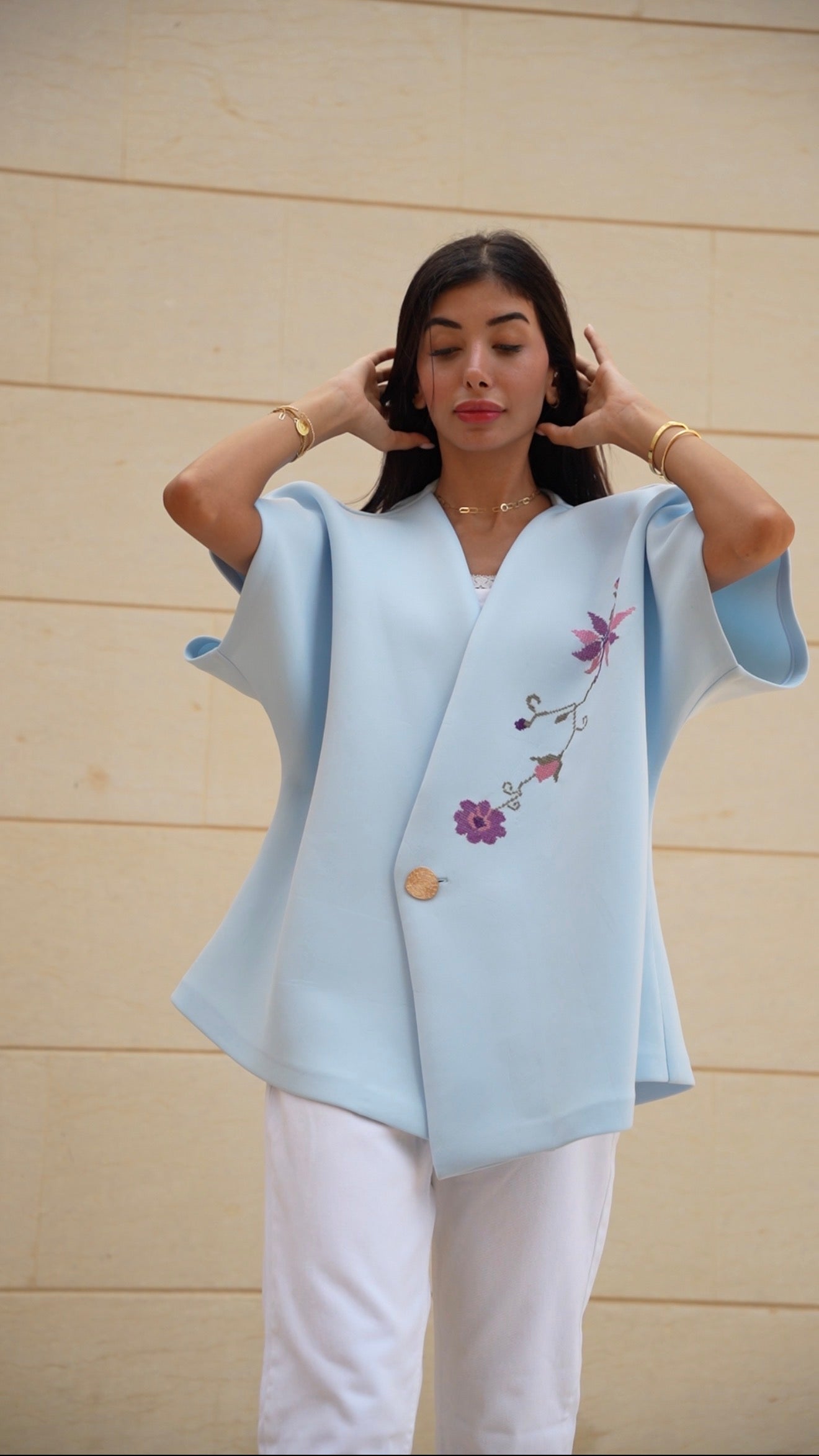 Merimade Elegant Aquamarine Scuba Top with Handmade Embroidery