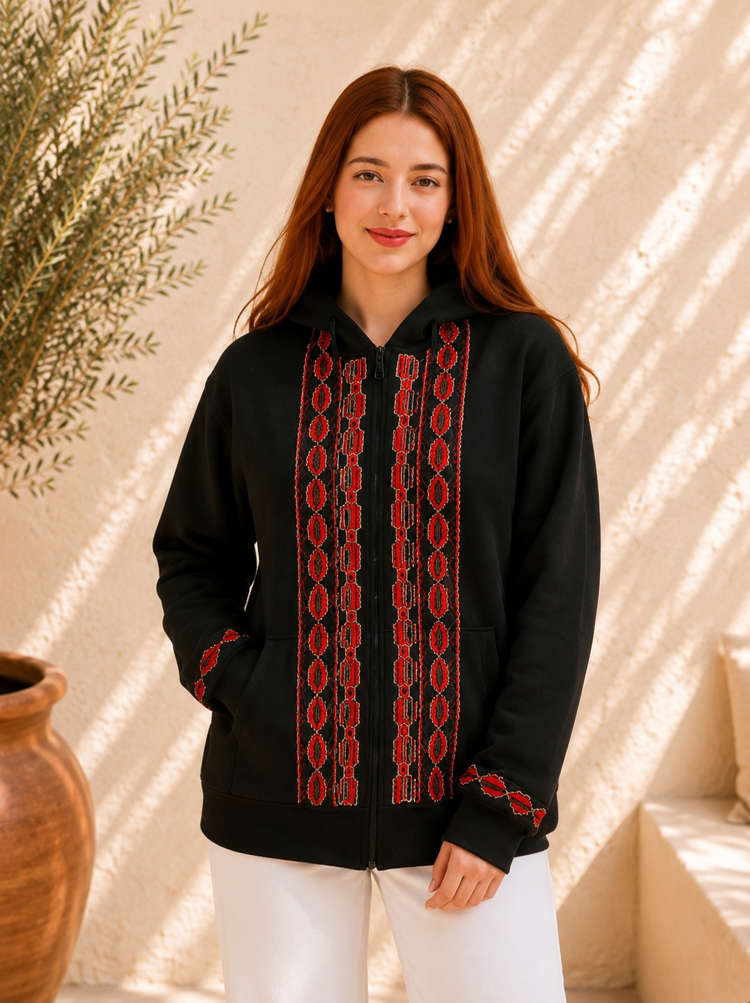 Palestinian Embroidered Zipper Hoodie – Handmade Tatreez