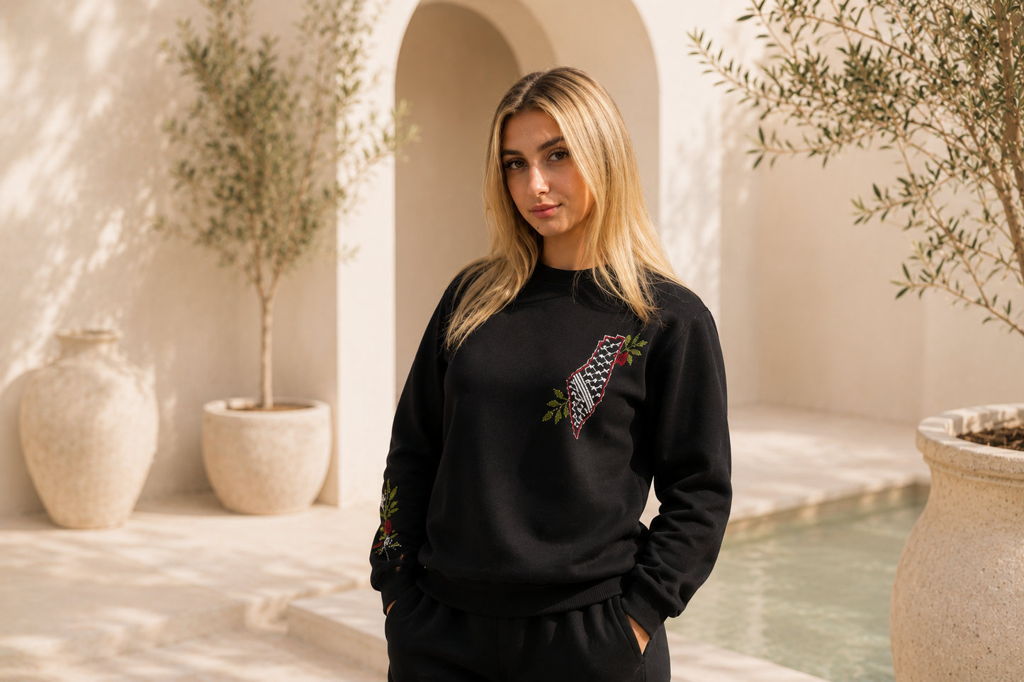 Sweatshirt – Handmade Palestinian Map & Olive Branch Tatreez